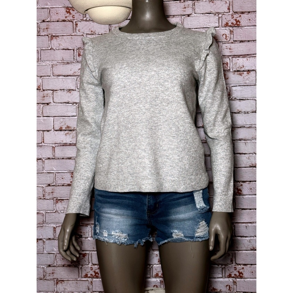 J.Crew Womens Heather Gray Merino Wool Cotton Ruffle Shoulder Sweater H0568 L